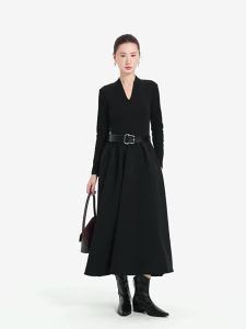 Elegant V-Neck Long Sleeve Autumn Dress Slimming Belted