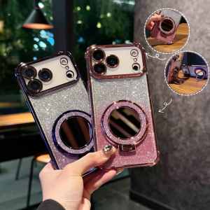 Fashion Glitter Mirror Magnetic Phone Case For iPhone 17 16 15 14 13 12 11 Pro Max Plus 17Pro Shockproof Makeup Stand Back Cover