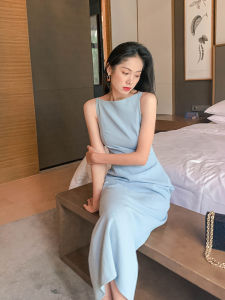 ป้ากระต่าย สีฟ้าอ่อน ปาดใหล่ ฤดูร้อน ชุดเดรส ผู้หญิง เรียบหรู พรางหุ่น เอวสูง วันพีซ ทันสมัย ชุดเดรสยาว แขนกุด