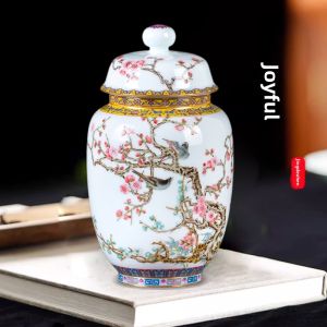 Pink Enamel Gilded Joyous Pattern Tea Canister