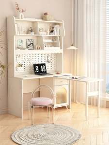Double Creamy Style Corner Desk with Rotatable Bookshelf and Dressing Table