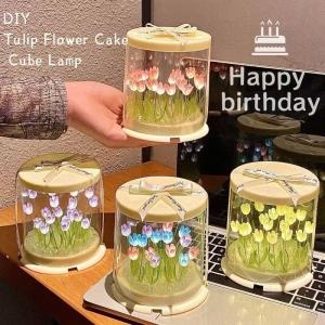 KEBIDU Creative DIY Tulip Flower Cake Cube Lamp Handmade Craft Night Light Simulation Flower Bedroom Sleeping Table Lamp For Birthday Gift