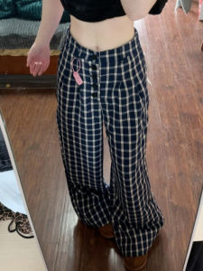 Blue Plaid Pants High Waist Long Womens Loose Lazy Style Casual Wide Leg Floor-Length Pants Korean Style Commute Straight Leg