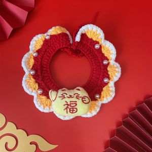 New Year Scarf Pet Cat Chinese Fad Knitted Collar Dragon Year Festive Fu Character Dog Ingot Pearl Hand Crocheting Scarf