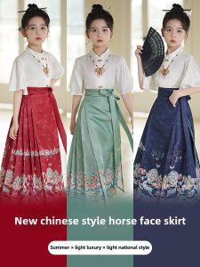 New 2025 Red Chinese Style Girls Summer Thin Skirt Set High End Feelings Traditional Hanfu Half Skirt Polyester Fiber 100%