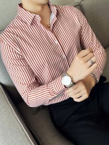 Spring and Autumn Fancy Business Red Vertical Striped Shirt Mens Summer Thin Classy Silm Formal Long Sleeve Shirt