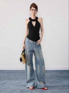 THROUS | Quần Jeans Đùi Rộng Phong Cách Hoài Cổ Thun eo Cao