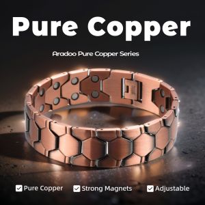 ARADOO Classic Hexagonal Honeycomb Design Neodymium Magnetic Therapy Bracelet Pure Copper Titanium Steel Men‘s Link Bracelets