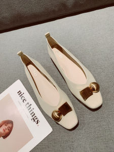 2025 New Korean Style Low Heel Square Head Single Shoes Womens Slip-On Commuter Metal Buckle Fashionable All-Match Flats