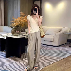 SHUQINGLAI | U-Neck Ice Silk Knit Blouse Short Sleeve T-Shirt Womens Summer Korean Style Slim Fit Short Top