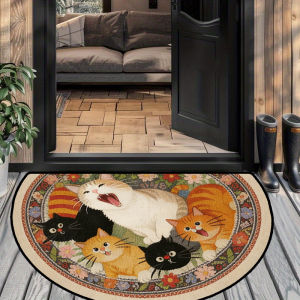 VIKAMA Vintage Cat and Floral Half-Circle Doormat Soft Non-Slip Entryway Mat Hallway and Bathroom Rug Home Decor