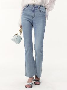 TAMMY TANGS | High Waist Bell Bottom Denim Jeans Womens Slimming Nine Point Cotton Stretch Blue Jeans Casual Multi Pocket Washed Jeans