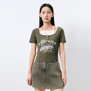 Peacebird American Style Fake Two-Piece T-Shirt Womens Short Sleeve Summer New Slim Short Fashionable Trendy Small Top