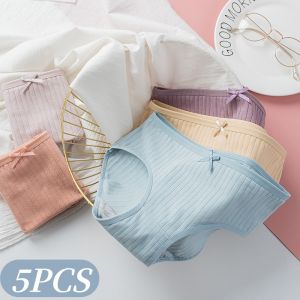 5Pcs/Set Women Cotton Mid-Rise Briefs Soft Breathable Classic Panties Ladies Lingerie Comfy Daily Ribbed Underwear M-XL