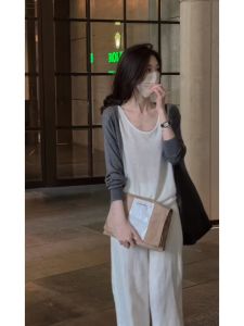 YUEZHONGWEI | Korean OOTD Set Knit Gray Cardigan Camisole Wide Leg Pants