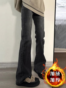 Quần Jeans Denim Ống Thẳng Ôm Dáng Cạp Cao Lưng Đàn Hồi Ôm Dáng Thu Đông Quần Dài Đến Sàn Có Lót Lông Cừu Màu Đen Sương Mù