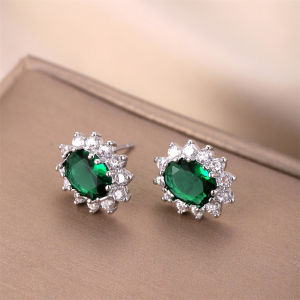 Oval Royal Blue Red Green Stone Flower Stud Earrings For Women Silver Color Luxury Zircon Small Ear Studs Daily Party Jewelry