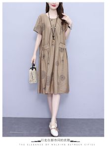 พลัสไซส์ ผ้าฝ้าย ผ้าลินิน คอกลม เดรส ฤดูร้อน ใหม่ หลวม แฟชั่น พรางหุ่น คู่ กระเป๋าเสื้อ คลอดบุตร เดรส ทรงเอ Midi เดรส
