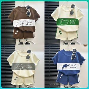 Summer Stripe Short Sleeve Childrens Set Baby Girl Boy Clothes Knitted Cotton Blend Thin Two-Piece Outfit for Ages 3 And up