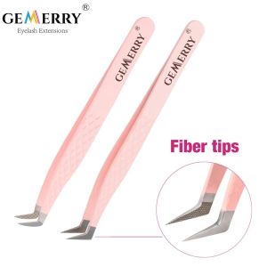 GEMERRY 1 PC Eyelash Tweezers With Fiber Tips Pink Professional Steel High Precision for Volume Fans Lashes Extensions Makeup