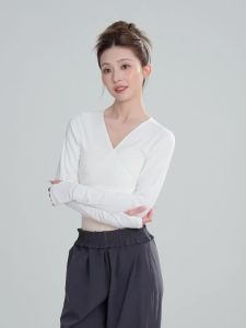 daydance | Women Cross V-Neck Ballet Wrap Top Long Sleeves Thumb Hole Tie Waist Slim Dance Yoga Crop Top Dancewear Girls Knit Blouses Coat