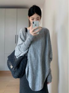Gray Asymmetrical Hem Long Sleeve Knitted Sweater Womens Loose Design Batwing Sleeve Top Spring Initial Early Korean Style