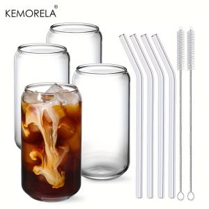 Bộ 4 Ly Uống Nước Hình Lon Có Ống Hút Thủy Tinh Và Bàn Chải Vệ Sinh Dành Cho Cà Phê Đá Rượu Whisky Soda Trà Nước - Bộ Sản Phẩm