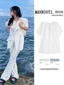 French Style Unique Bubble Sleeve Shirt Women Summer Doll Top Belly Concealing Slimming Chic Mid-Length Loose Shirt