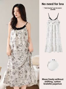 MiiOW | Cat Woman Summer 2025 New Style Sleep Dress With Chest Pad Loose Cool Feeling Long Dress Womens Strap Sleepwear Home Clothes