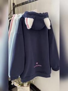 COD Soft Girl Cute Furry Ears Velvet Padded Hooded Sweatshirt Female Autumn and Winter Korean Style Loose Baggy Coat