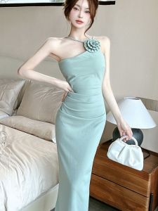 ชุดเดรสยาวคลุมเข่าแขนกุดทรงเอเอวสูงสำหรับผู้หญิงในช่วงฤดูร้อน ดีไซน์ดอกไม้ 3 มิติ ชุดราตรีเข้ารูป เดรสยาวคลุมเข่า