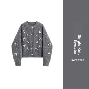 YUEZHONGWEI | Chic French Style Heavy Embroidery Bow Gray Sweater Coat