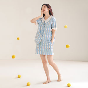 JINGYUN | Charmeuse Cotton Summer Sleepwear Set For Women With Chest Pad Short Sleeve Floral Print Casual Home Leisure Comfortable Sweet Style
