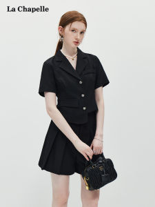 La Chapelle Fashion Design Flip Collar Irregular Short Sleeve Top High Waist Ruched Pants Skirt Black Set for Women