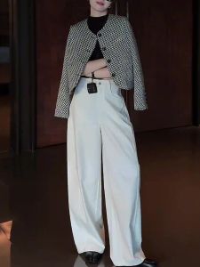 Elegant Short Plaid Jacket High Waist Wide Leg Pants Womens Fashion Set Luxury Trendy Business Commute Style Autumn Wear