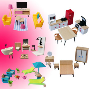 Miniature ตุ๊กตาไม้เฟอร์นิเจอร์ชุดจําลองห้องครัวห้องนอนตกแต่งบทบาทเล่นของเล่นเด็ก