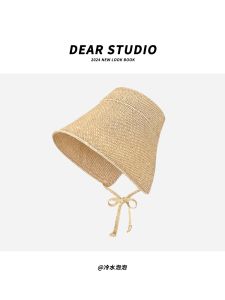 New 2025 Womens Cotton Linen Straw Woven Sunshade Hat Summer Outdoor Travel Anti-UV Fisherman Hat Big Brim Casual Style