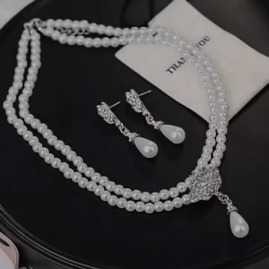 Wedding Pearl Jewelry Set Round Pearl Necklace Retro French Earrings Ring Simple Banquet Elegant
