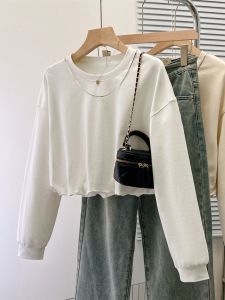 Loose Fit Womens Long Sleeve Sweatshirt round Neck Cotton Korean Style Design Sensation Top for Autumn Season Pure Color