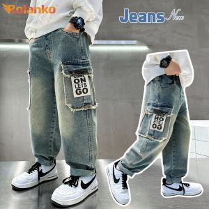 Rolanko Kids Boys Denim Pants Childrens Baggy Jeans Fashion Long Loose Blue Trousers Elasticated Waist Casual Wear Bottom