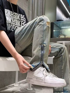 อินเทรนด์ แบรนด์ American High Street Mens ฤดูร้อน หลวม Fit ซิป ผ่าชาย ล้าง เดนิม กางเกงยีนส์ ขาตรง ผ้าฝ้าย โพลีเอสเตอร์ Blend