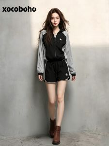 xocoboho | Summer Trendy Leisure Sport Outdoor Black and Gray Spliced Clothing Set for Women