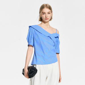 BEIQIANI | Irregular Stripe Off-shoulder Versatile Waist-cinching Blouse