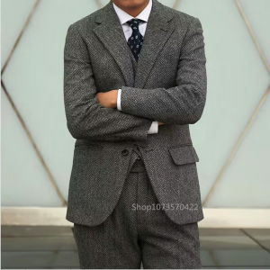 Dark Grey Herringbone Tweed 3 Piece Male Suit Slim Fit Notch Lapel Elegant Wedding Groom Business Casual Formal Male Clothing