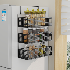 เก้าอี้สำหรับเก็บของด้านข้างในตู้เย็นแบบไม่ต้องเจาะรู ชั้นวางของหลายชั้น ชั้นวางของติดผนังในห้องครัว แผ่นฟอยล์ กระดาษทอ