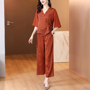 MAIMEI | Elegant Chinese Style Womens Summer Outfit Two-Piece Set Fragrant Cloud Silk Top Fashionable Dress For Middle-Aged And Elderly