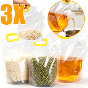 3pcs Portable Handle Design Grains Sealed Storage Pouches / Anti-Mold Insect-Proof Moisture Barrier Food Bags / Clear Visible Large Capacity Foldable Kitchen Storage