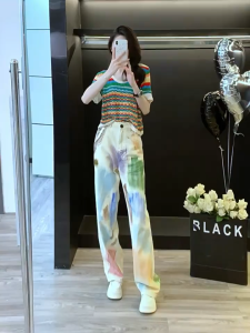 S–6XL Colorful Graffiti High-Waist Denim Pants Casual Loose Fit