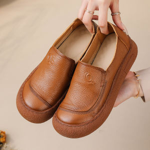 รองเท้าสำหรับทำงานส้นแบนหนังแท้สำหรับผู้หญิงที่มีพื้นรองเท้านุ่มและรองเท้ากันลื่น