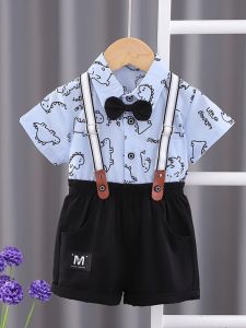 Boys Short Sleeve Dinosaur Shirt Set Korean Style Cotton Summer Clothes for Babies And Toddlers Age 6 Months to 6 Years Old